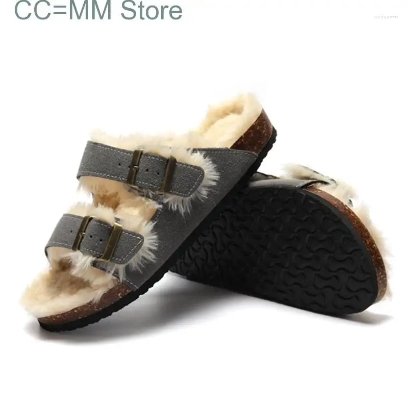 Slippers Winter Mannen Kunstmatige Pluche Kurk Slipper Warm Vrouwen Casual Nubuck Leer Buiten Metalen Gesp Zachte Slides Schoen