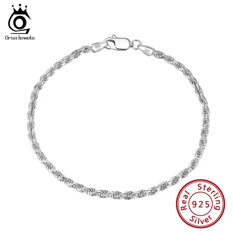 Bracelets ORSA JEWELS 925 Sterling Argent Italien DiamondCut Tressé Corde Chaîne Bracelet pour Hommes Femmes Punk Bracelets Bijoux SB101