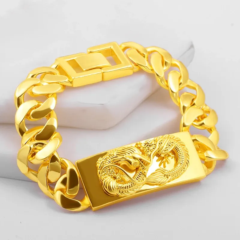 Bangles Pure Gold 18k Color Original Bracelets for Men with Square Dragon Pendant Bracelet Bangle Wedding for Party Banquet Jewelry Gift