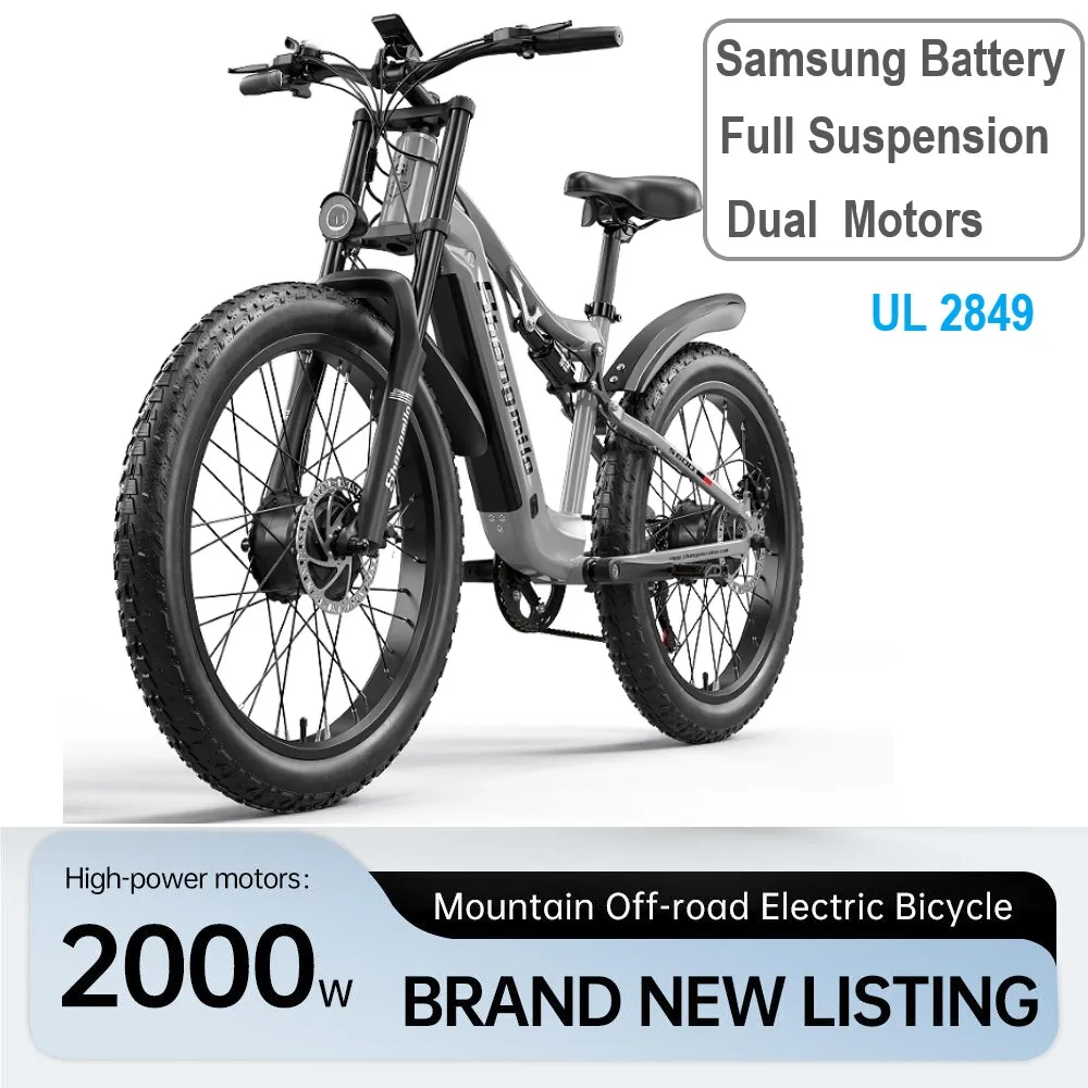 26 tum Electric Mountain Bike 2000W Dual Motor Ebike City Fat Tire Cykel 17.5AH 48V Samsung Full Suspension E-Bike Beach Cruiser US Shengmilo S600 E-MTB Moped