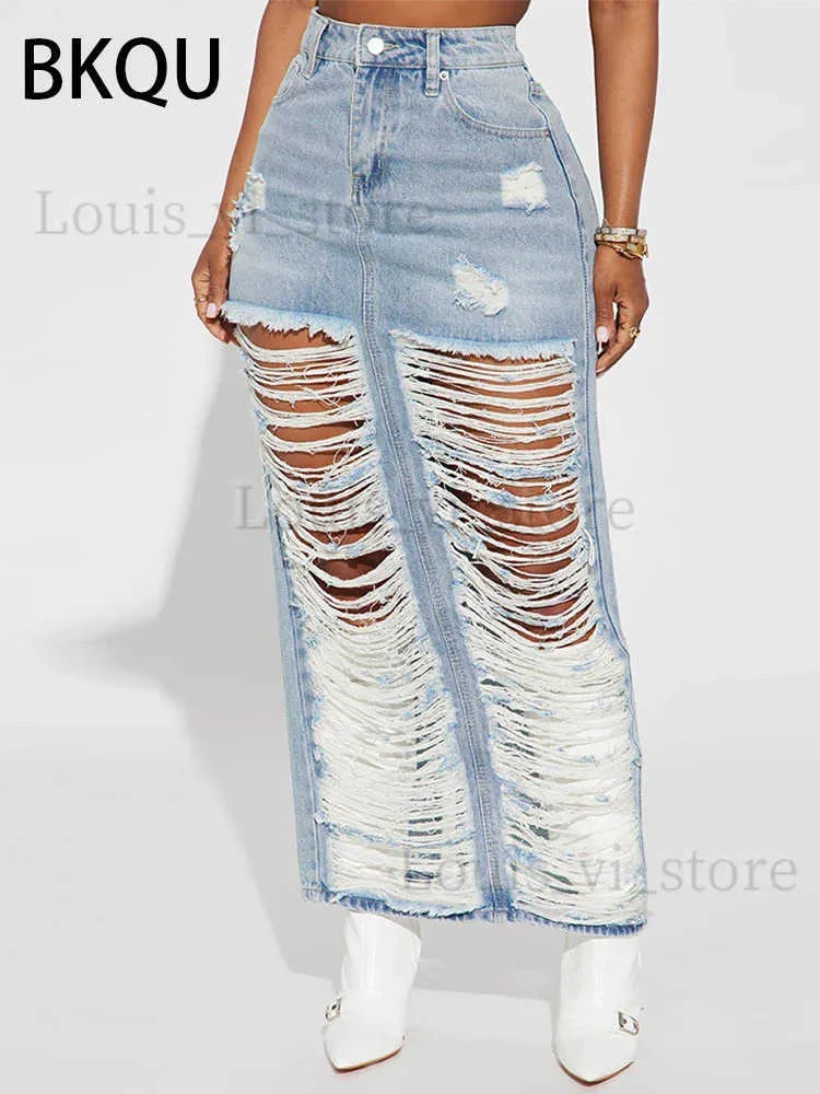 Saias 2023 Chic Rapped Skirt Mulher Fashion Cutout Cintura alta Saias longas de rua de rua Y2K Blue lavado Jean SKIRTS T240221