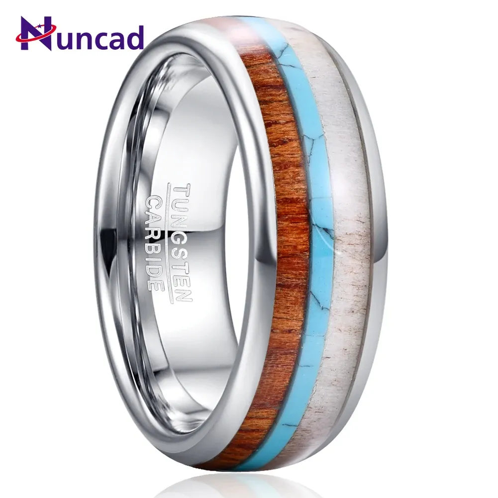 Bands Deer Antlers Green Turquoise Stone Wedding Rings For Men High Polish Dome Wood Men Tungsten Carbide Ring size 7/8/9/10/11/12