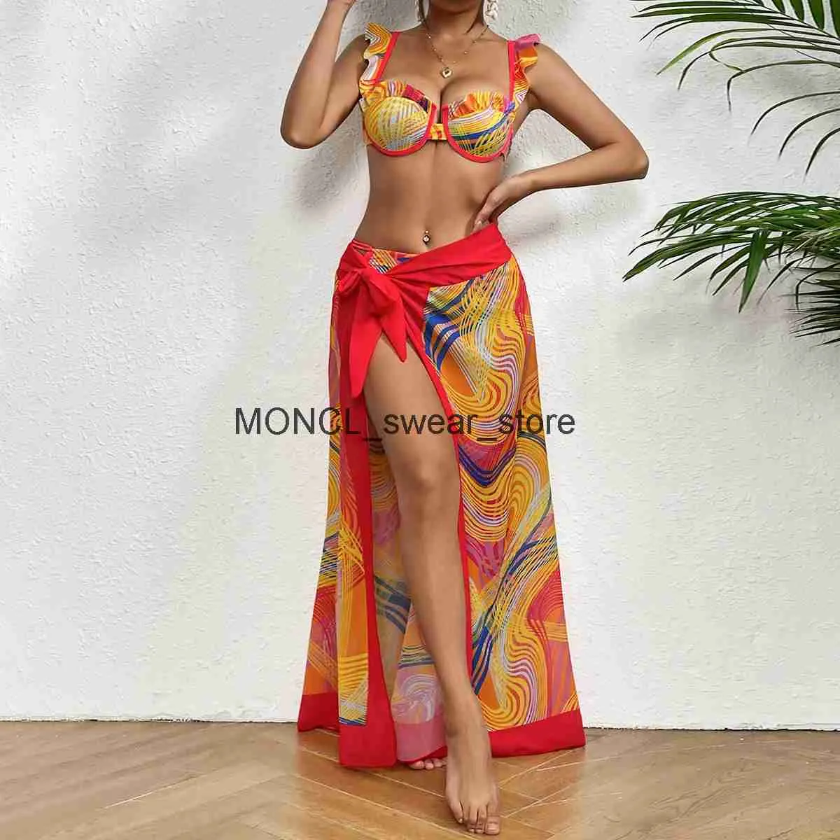 Women's Swimwear 2024 New 2-Piece Bikini Set Swimsuit Skirt Ruffle Print Brazilian Push Up Women Slimming Bathing Suit Beach WearH24221