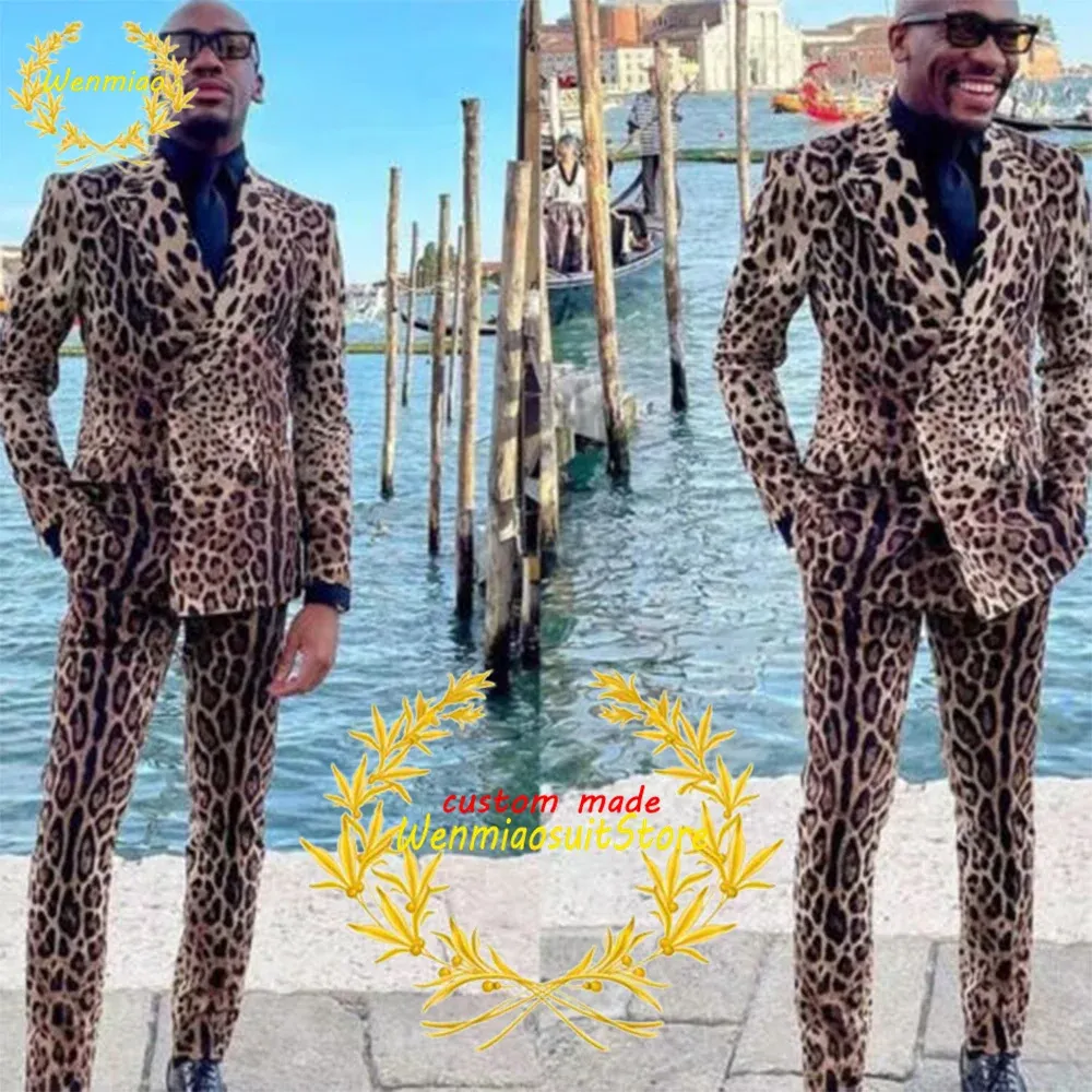 Ternos masculinos com estampa de leopardo, slim fit, lapela repicada, 2 peças, blazer de camurça, smoking, festa, baile, calças, conjuntos de chaquet
