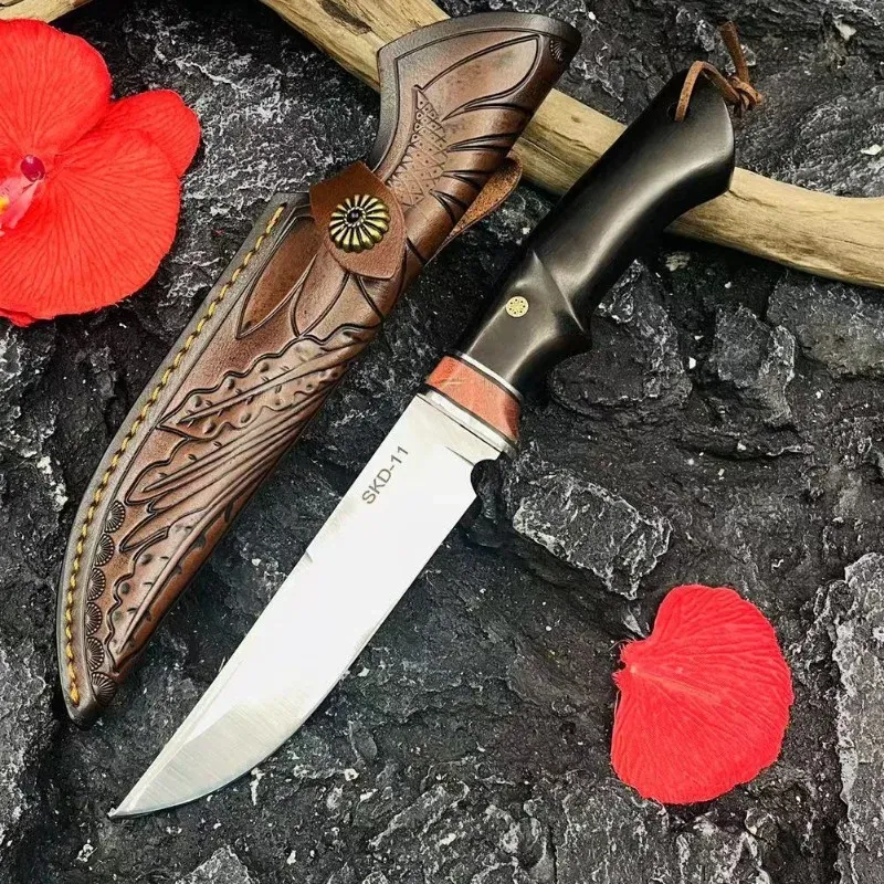 Cuchillo SKD-11 con mango de ébano, hoja afilada de punto de caída, cuchillo táctico de supervivencia Bushcraft, herramientas de utilidad militar EDC para acampar