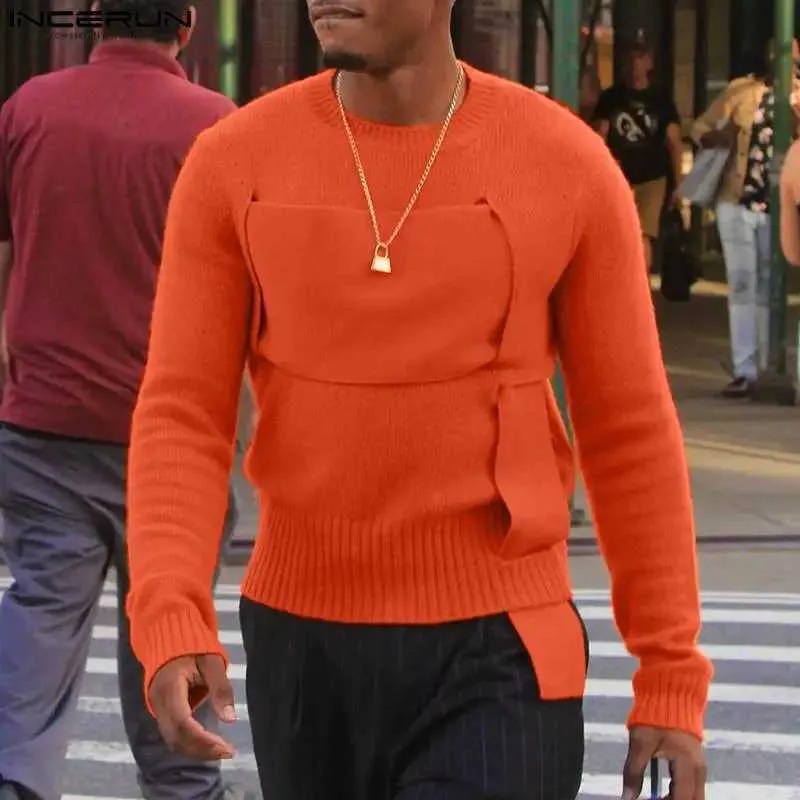 Męskie swetry 2024 Nieregularny sweter Knited O-Neck Lakierowe ubranie uliczne Solidne modne męże S-5xl Inderun J240221