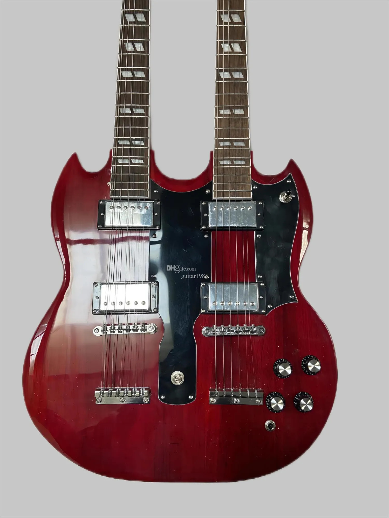 Two-head electric guitar, 6-string + 12-string, mahogany clear red body, cartridge + double-open cartridge, flat