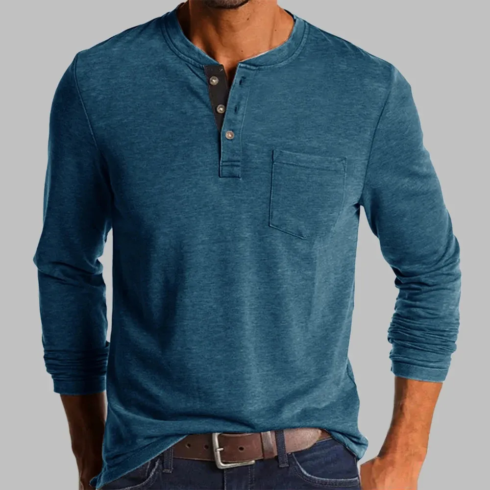 SpringFall Trend Tshirt Men Elegant Fashion Button Half Open Collar Solid Color Long Sleeve Pocket Top Shirts 240219