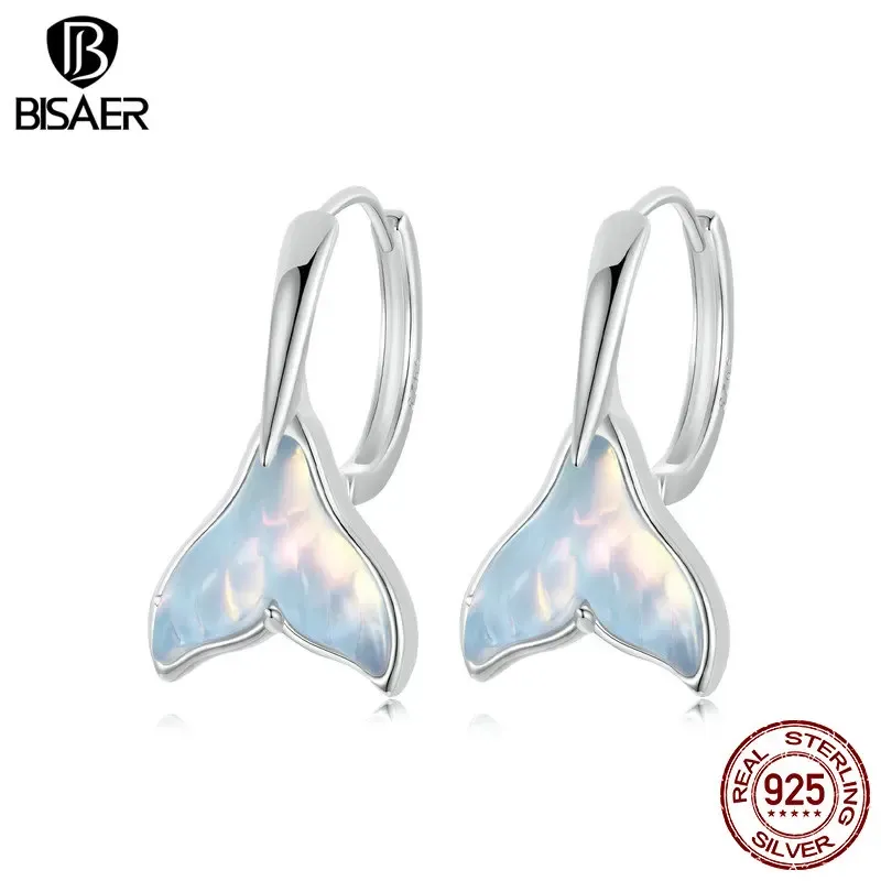 Earrings BISAER 925 Sterling Silver Fish Tail Ear Buckles for Elegant Women Blue Glass Fish Hoop Earrings Original Fine Jewelry EFE954