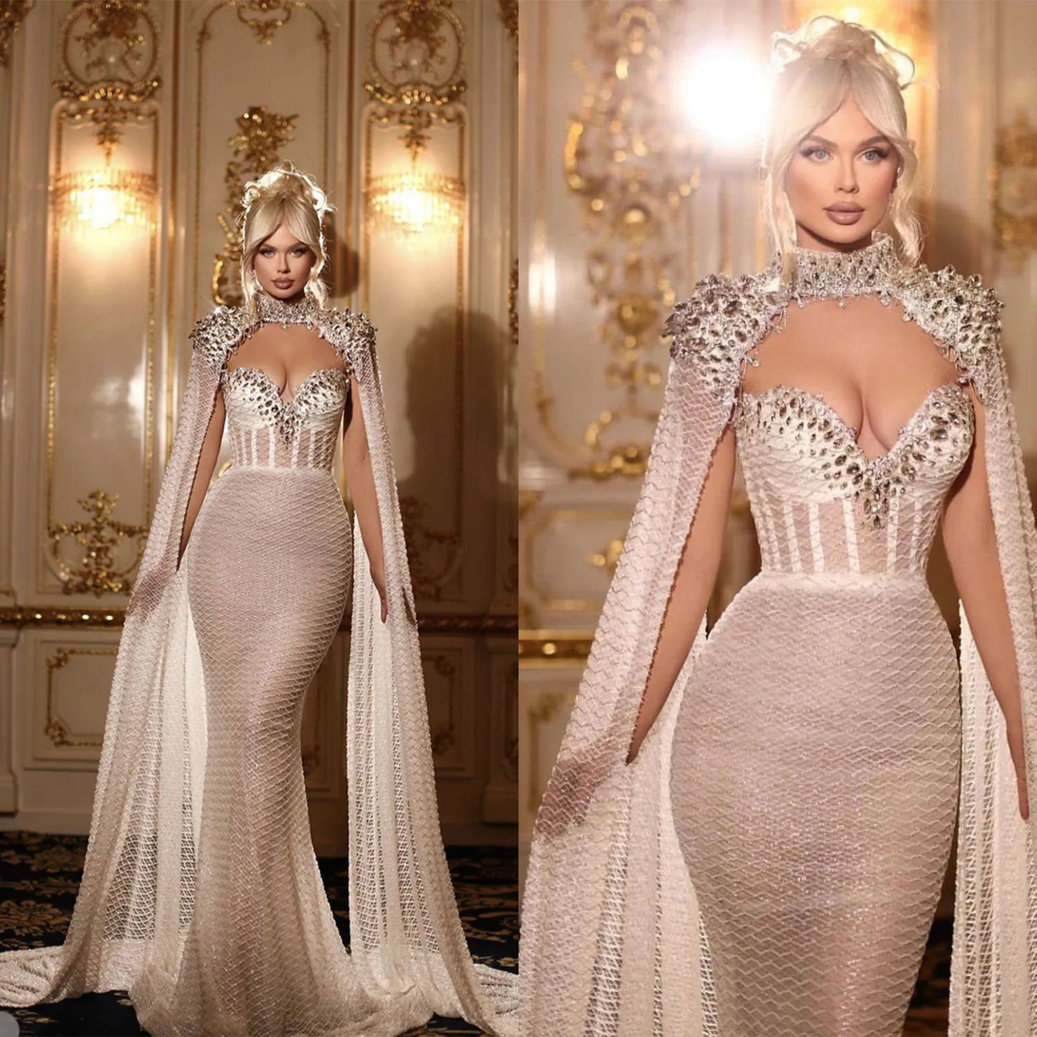 Robe de mariée sirène en organza de luxe robes de mariée chérie avec des appliques en cristal enveloppantes robes de train de balayage sur mesure vestidos de novia