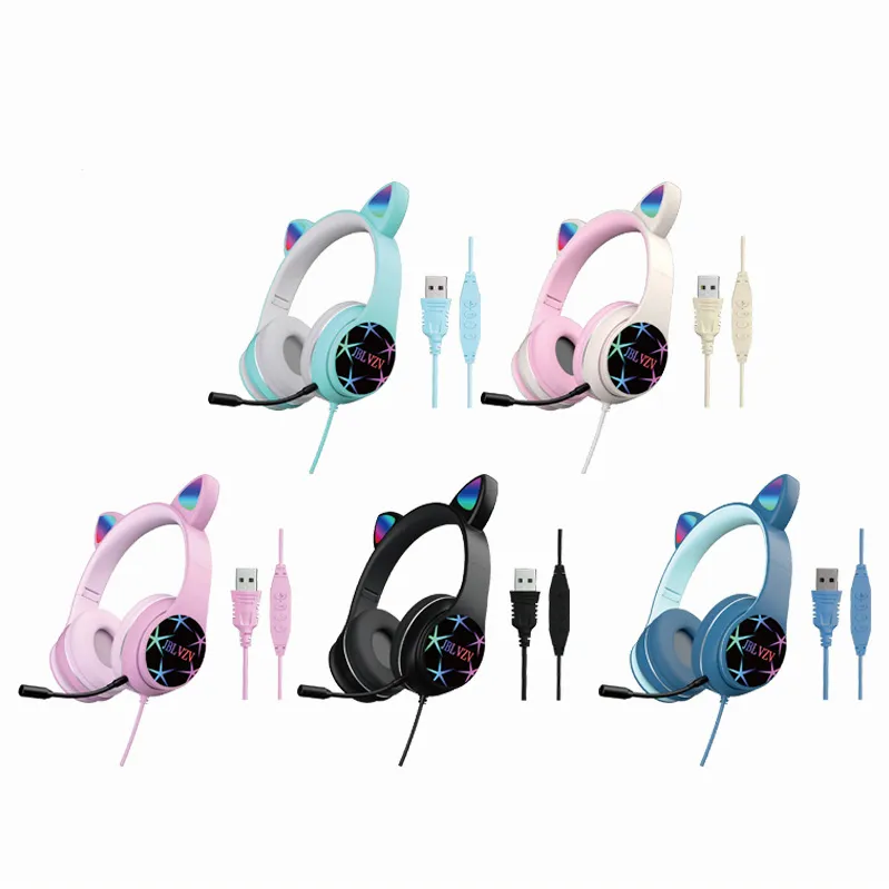 Oreilles de chat émettant de la lumière LED, Double carte Micro son, casque de jeu vidéo USB Esports, écouteurs d'apprentissage, casque filaire