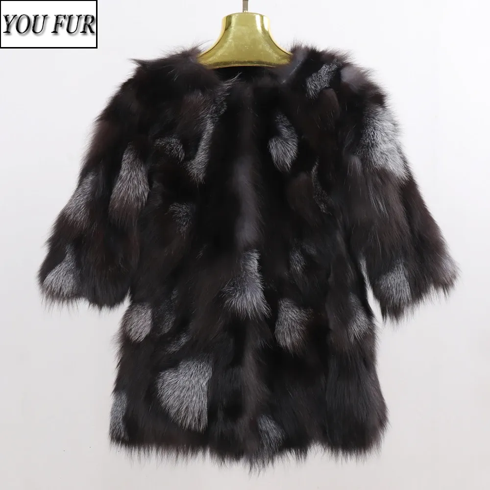毛皮の冬の女性100％本物の本物のキツネの毛皮のコート自然暖かいリアルシルバーフォックスファージャケットレディングスタイルファッション本物のフォックスファーコート