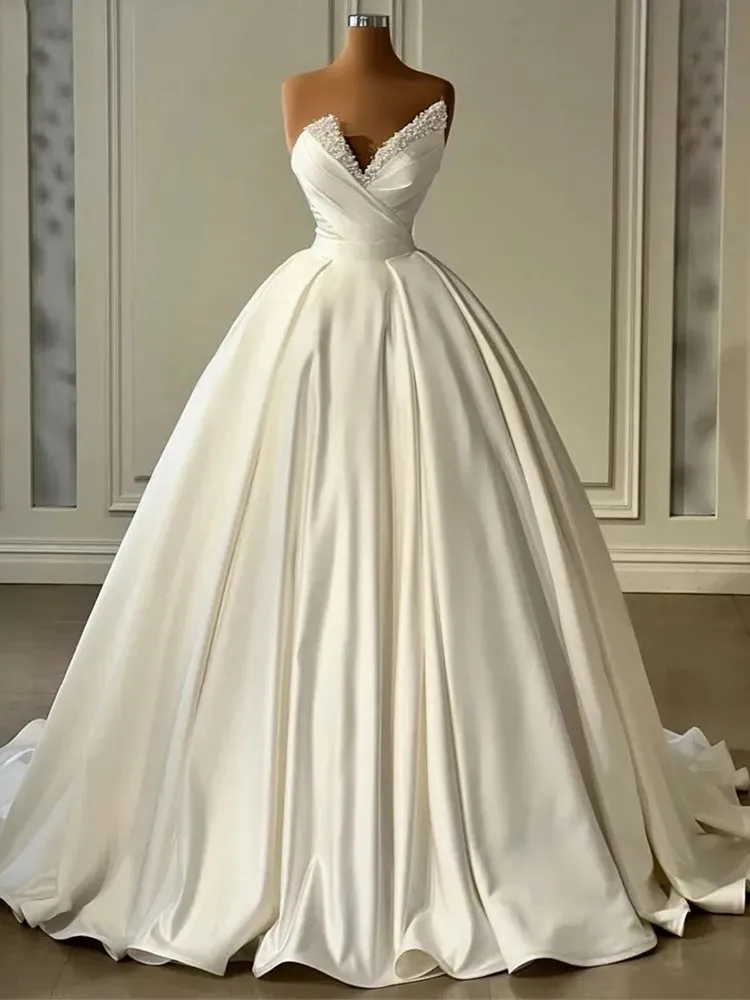 Elegante abito da sposa a-line sposa 2024 scollo a V senza maniche perle raso pizzo abiti da sposa abiti noiva Robe De Mariage