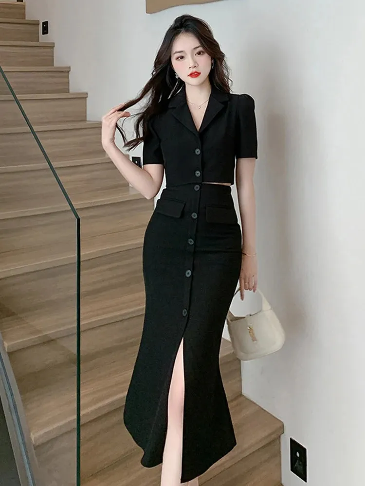 Elegant Formal 2 Pieces Outfits Women Professional Cropped Short Tops Shirt Blouse Slit Midi Skirt Sets Mujer Business Clothes 240219