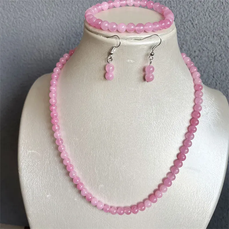 Ensembles de bijoux en pierre naturelle de Jade rose pêche 6MM, collier de perles, boucles d'oreilles, Bracelet, chaîne ras du cou, Design tendance pour mariage