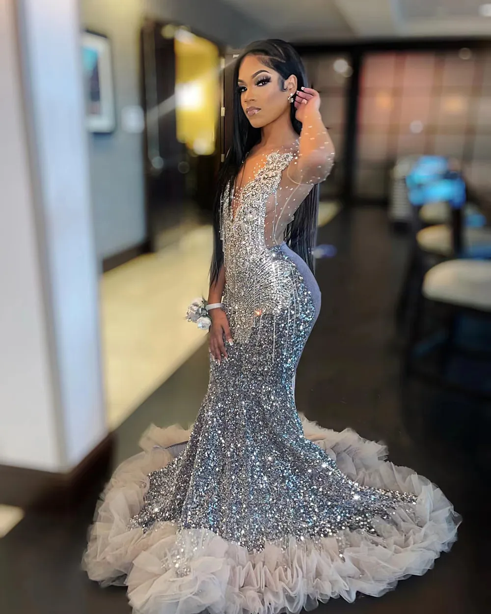 knee length dresses for ladies BABEYOND Gorgeous Maxi Feather Prom Dress with Long Sleeves, Formal Feather Evening Dress, Black, Size L