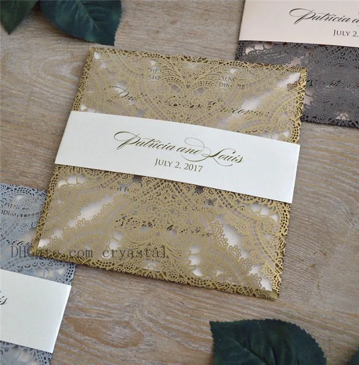 Gold Chantilly Lace Laser Cut Wrap Invitation Gold Square Laser Cut Wedding Invitation With Ivory Shimmer Insert and Belly Band2449342