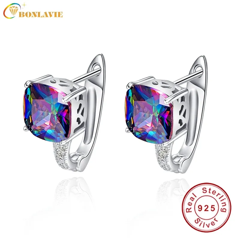 Orecchini BONLAVI Quadrato Natural Mystic 6.8ct Arcobaleno Topazio Pietre Trafitto Polsino Dell'orecchio Argento 925 Marca Festa di Nozze Gioielleria Raffinata