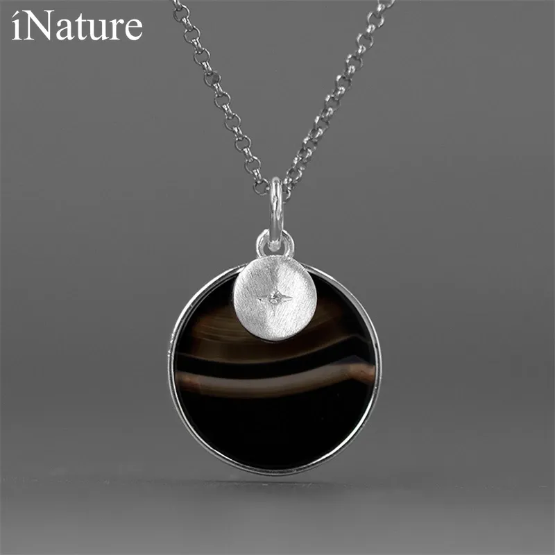 Collares INATURE Natural negro y blanco ágata círculo redondo colgante 925 plata esterlina collar de piedras preciosas para mujeres hombres joyería