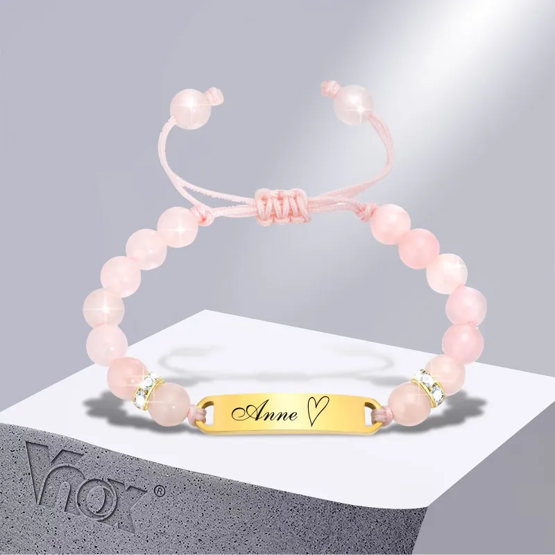 Link Bracelets Vnox Free Personalized Baby Name Custom Anti Allergy Stainless Steel Pink Beads Bracelet For Boy Girls Birthday Gifts