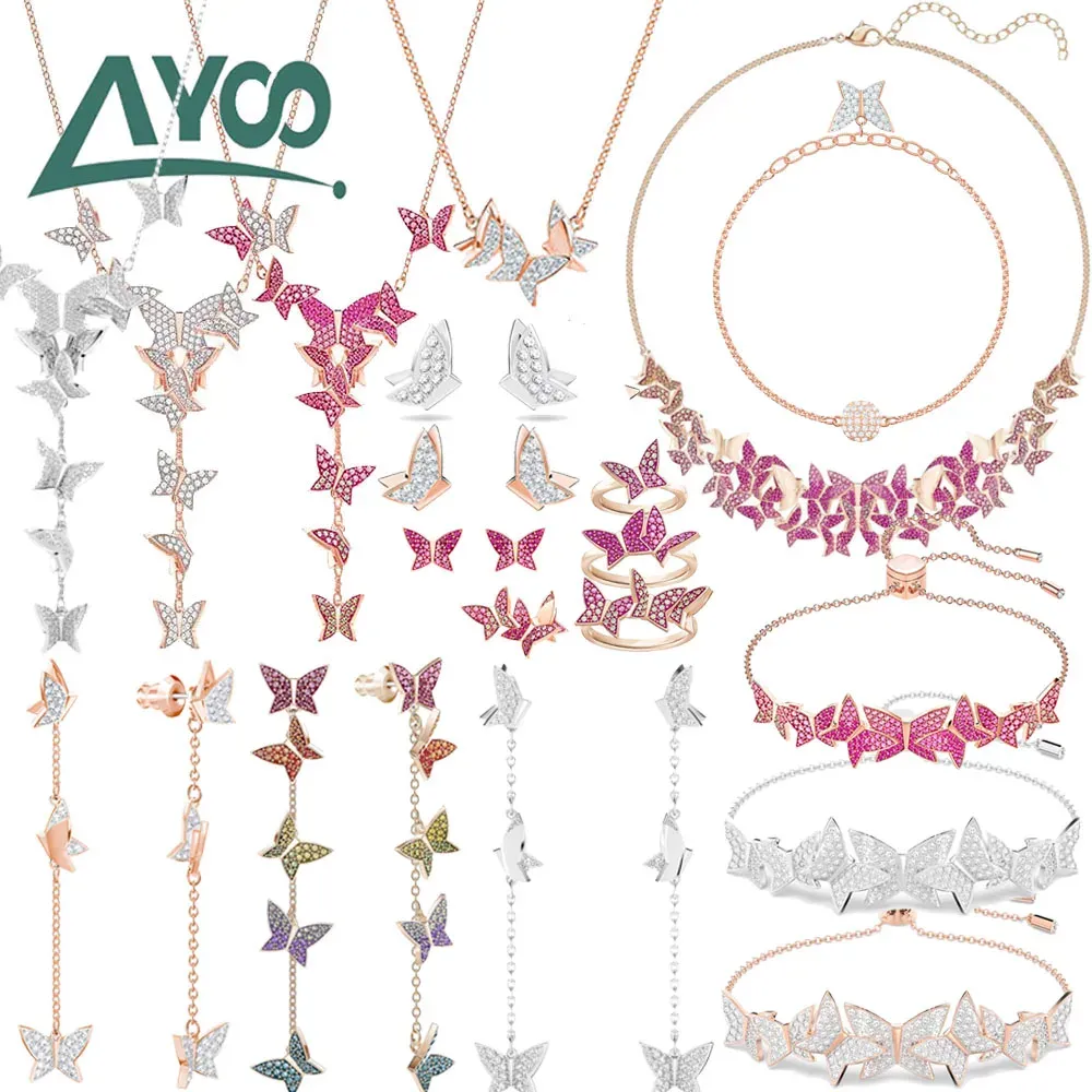 Ensembles de bijoux originaux à la mode, collier papillon en cristal exquis, dégradé rose, Bracelet, boucle d'oreille, bague, meilleur cadeau