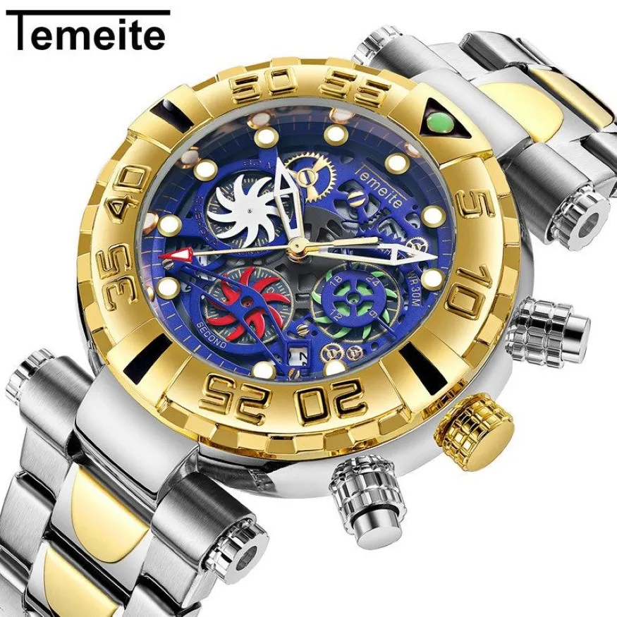Temeite Uhren Männer Business Casual Goldene Kreative Hohl Quarzuhr Wasserdicht Militär Armbanduhren Männlich Chronograph Clock209G