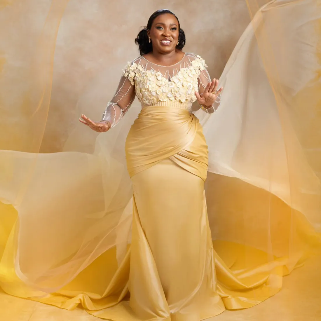 Plus Size Aso Ebi Gowns for Mother Of The Bride for African Black Women Long Sleeves Sheer Neck Mothers Dress Hand Made Flowers Beaded Mother of Groom Gowns AMM127