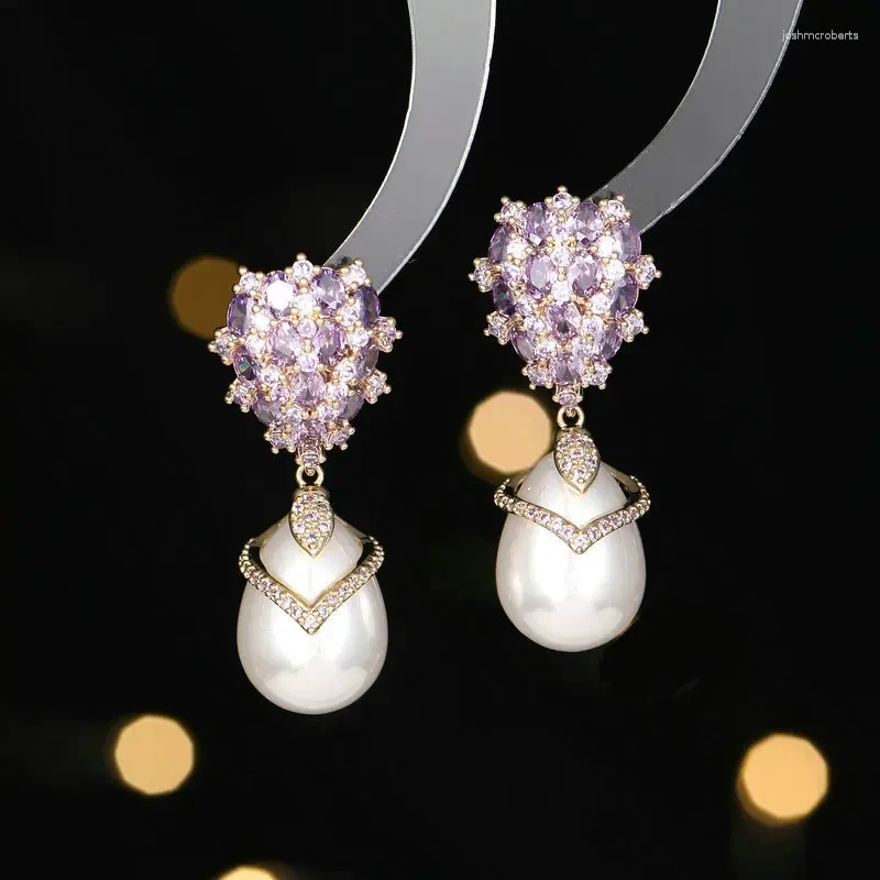 Dangle Earrings European Vintage Stylish Cluster CZ Pear And Pearl Drop Elegancy Jewelry