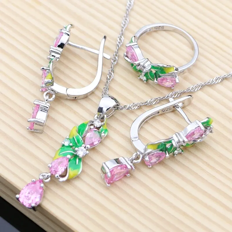 Sets Luxury Silver 925 Jewelry Sets Pink Topaz Earrings for Women Shiny Green Enamel Necklace Sets Jewellry Dropshipping