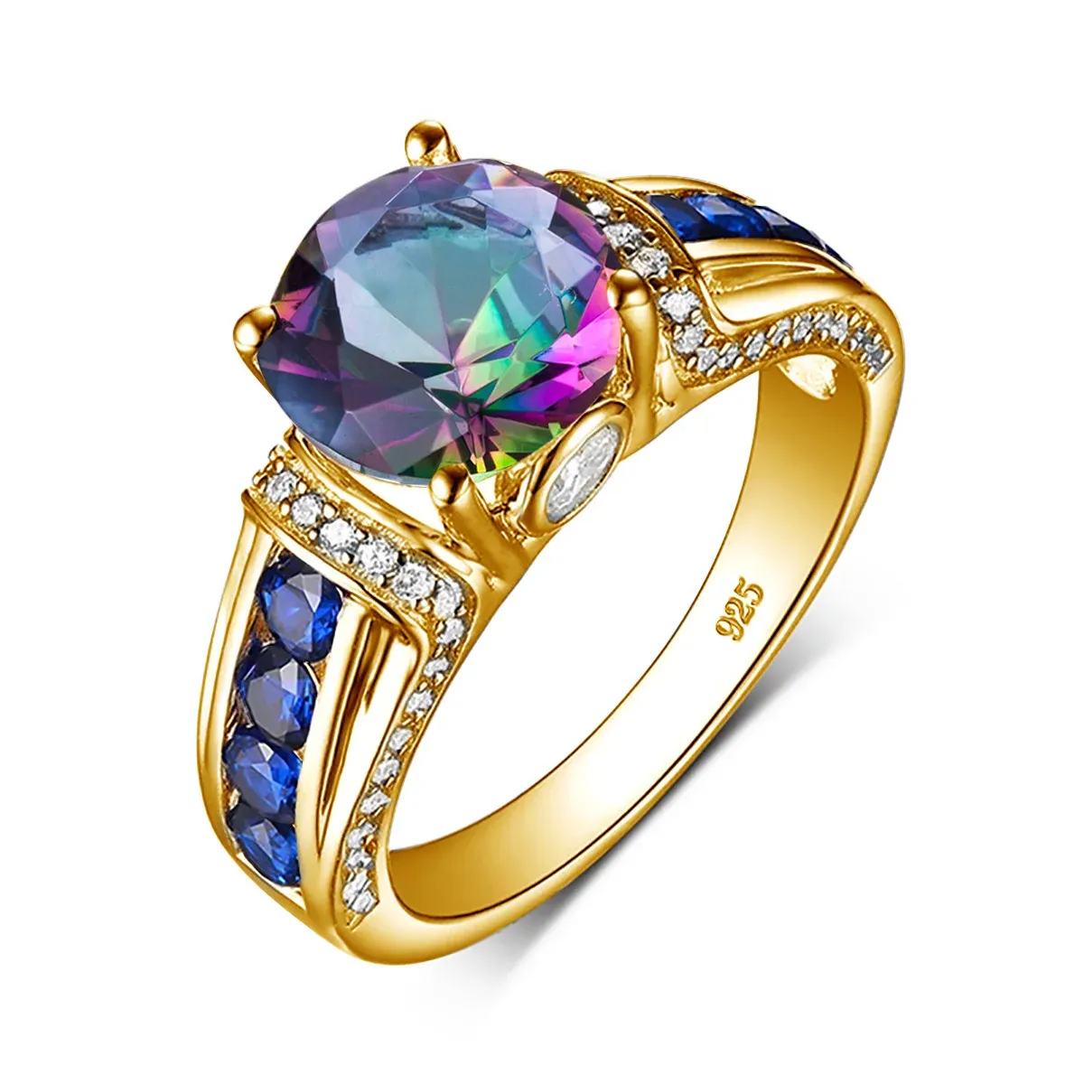 Anneaux anneaux Mystic Topaz Gold Mystic Topaz pour femme avec pierre 8 * 8 mm rond Grands anneaux de cocktail Party Luxury Designer Bijoux d'anniversaire Cadeau