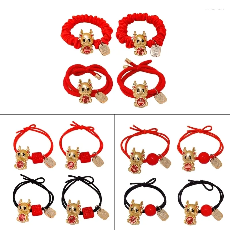 Grampos de cabelo Ano Chinês Scrunchies Elásticos Zodíaco Dragão Mulheres Corda E0BE