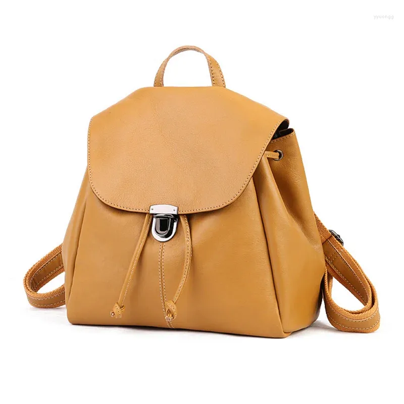 School Bags Causal Woman Genuine Leather Backpack Solid Pattern Brown Cow Travel Vintage Fashion Ladies Cowhide Backpacks