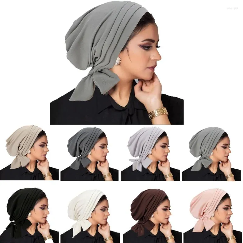 Abbigliamento etnico Moda Turbante pieghettato Cappello Berretto pre-annodato Musulmano Stretch Testa Sciarpa Cofano Donna Interno Chemioterapia Underscarf