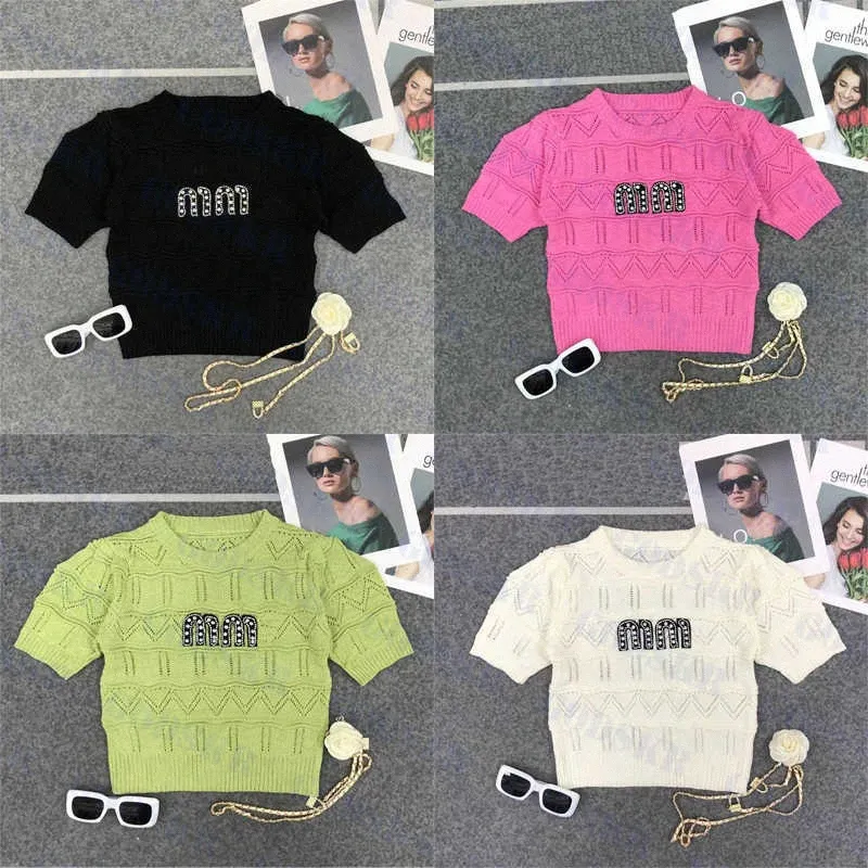 Rhinestone Letter T Shirt knit pullover Tee Womens Tops Designer Knitted Tees Sexy Hollow Sweater Multi Color S2Tk#