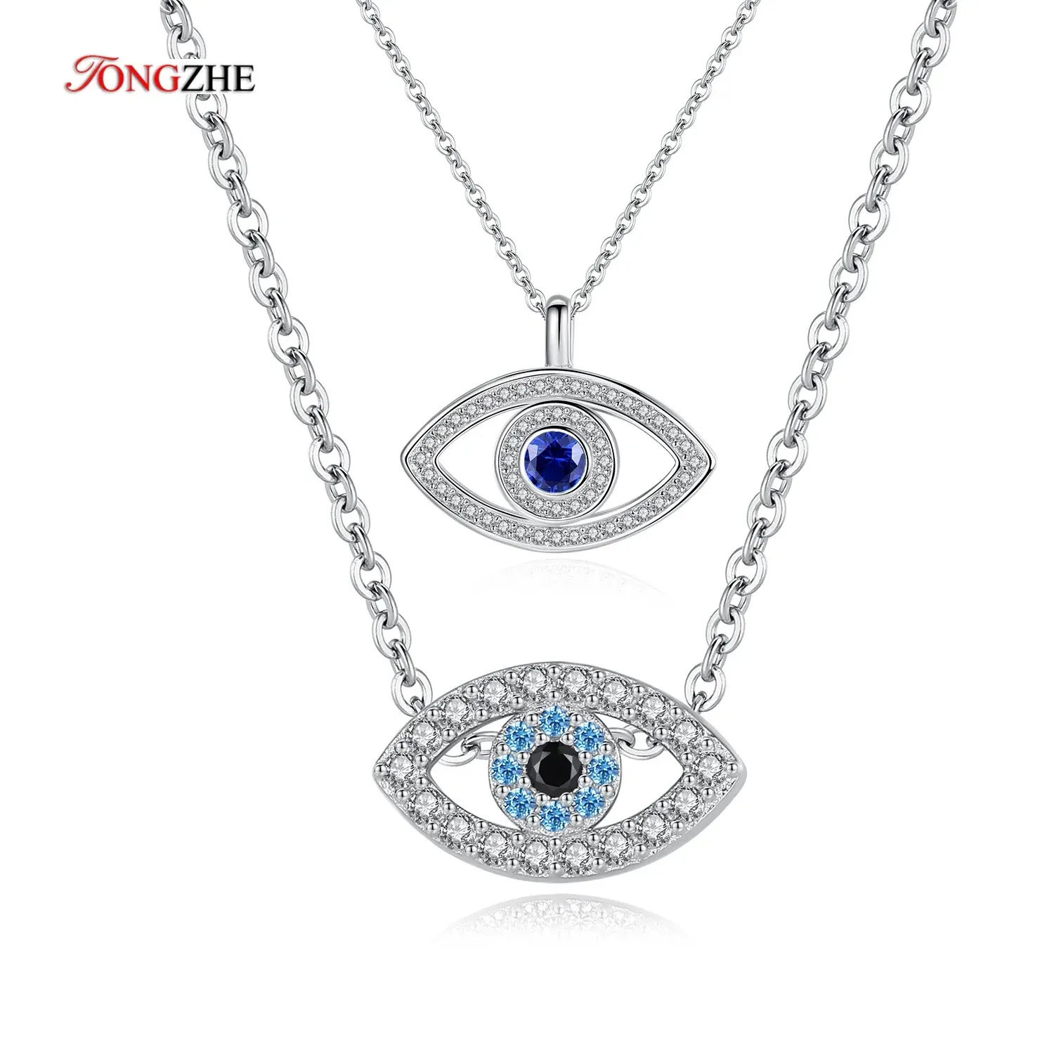 Wisiorki Tongzhe 925 Srebrny naszyjnik Srebrny naszyjnik Lucky Eye Blue CZ Long Link Łańcuch biżuterii Turcja Sapphire Akwamaryn Naszyjnik