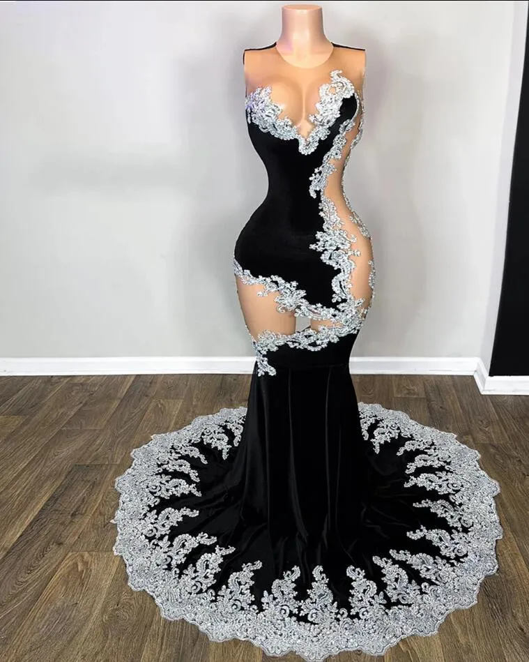 Silver Lace Appliques Black Velvet Mermaid Prom Dresses 2024 Luxury Sexig Sheer O Neck Formal Gown Party Evening Girl Black Girl Vestidos 0221