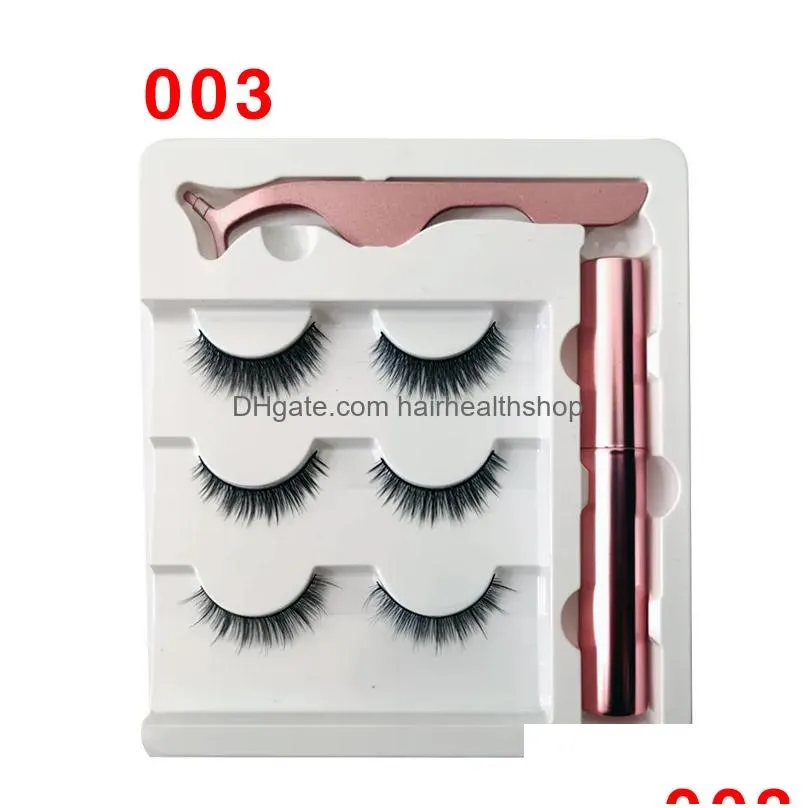 Falsche Wimpern 3 Paar Magnetische Wimpern Falsche Wimpern Addliquid Eyeliner Addtweezer Augen-Make-up-Set 3D-Magnet Natürlich Wiederverwendbar Kein Glu Dh4Kl