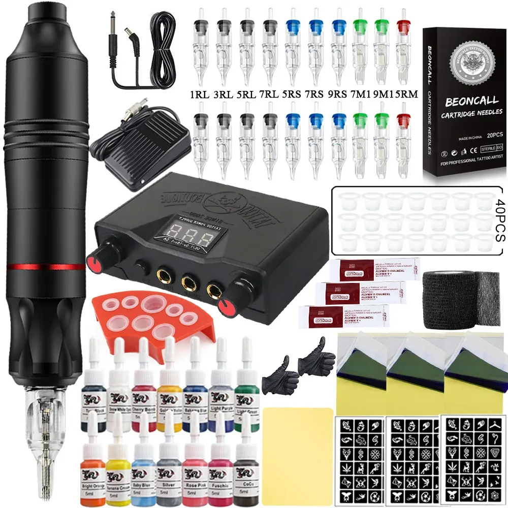 Kits Complete Tattoo Pen Kit Tattoo Machine Set Tattoo Rotary Pen Power Supply with Tattoo Cartridge Needles Ink Tattoo Accessories