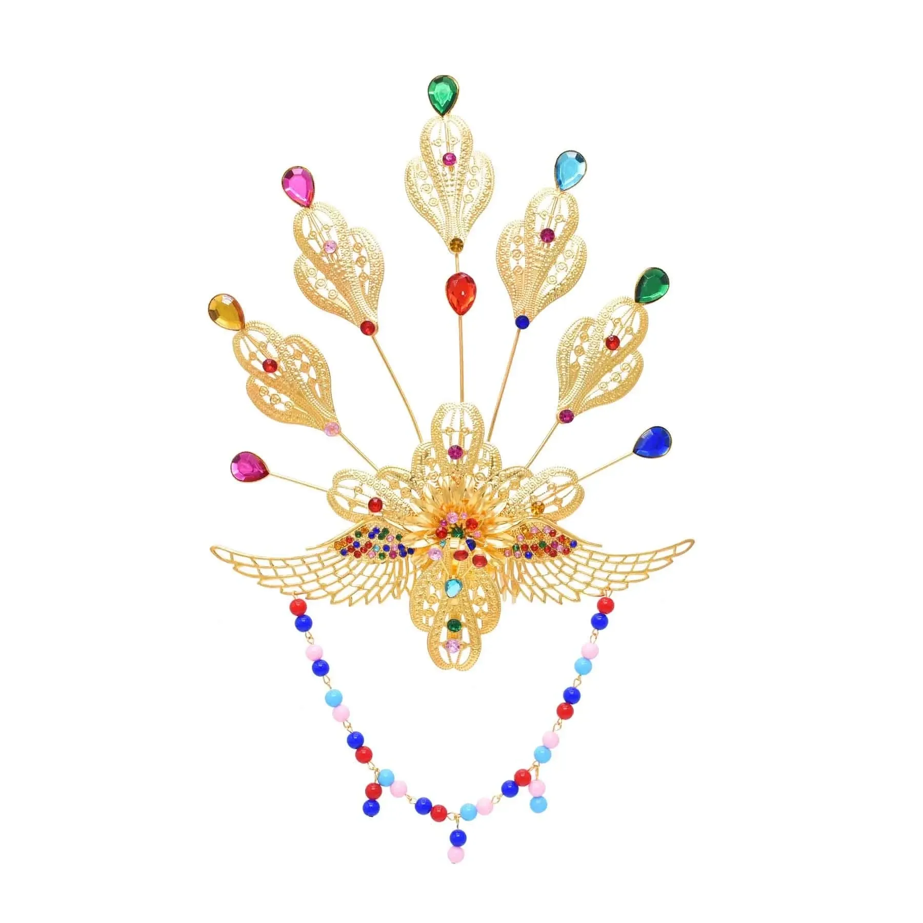 Jewelry Golden 3D Metal Peacock Headwear Hair Accessories for Women Inlaid Water Drop Crystal Beads Thai Ethnic Clothing Hair Jewelry