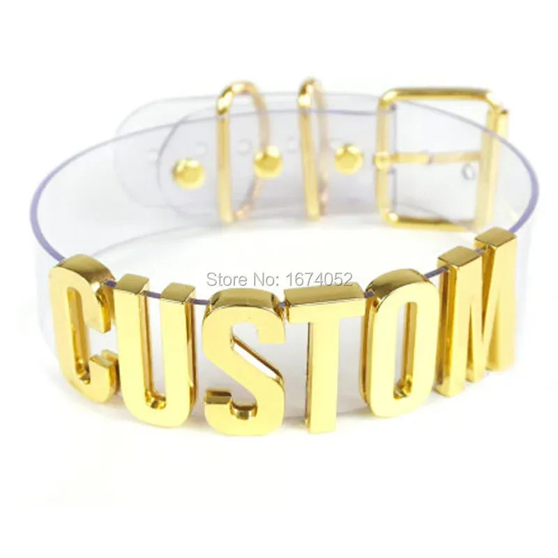 Halsketten, handgefertigt, individuell, Cosplay, Buchstabe, Name, Wort, Halsband, durchsichtiges PVC, goldfarben, 35 mm hoch, Alpabet-Halskette