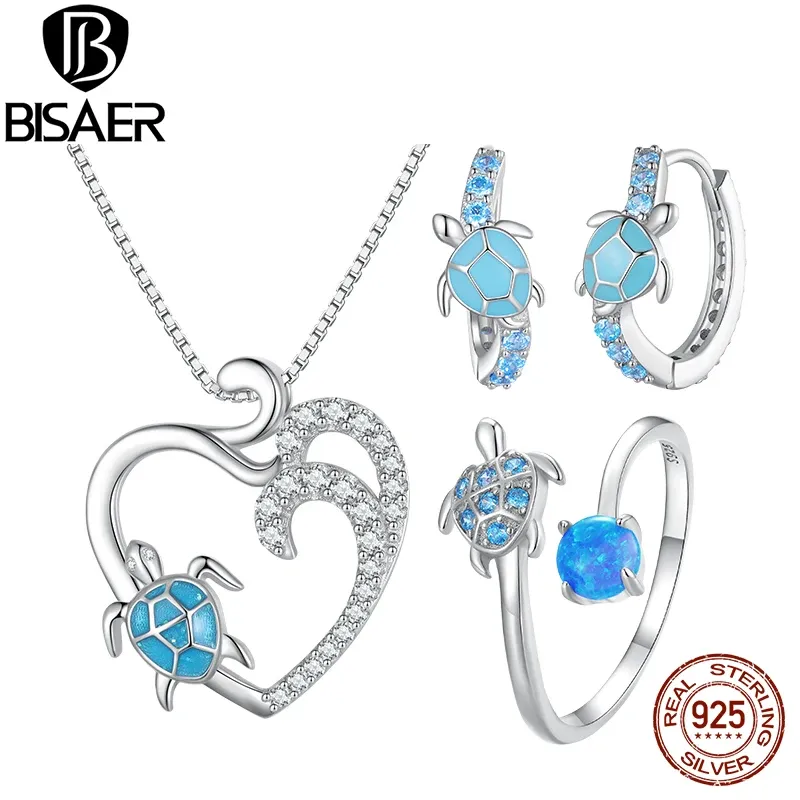 Conjuntos Bisaer 925 Sterling Silver Turtle Jewelry Brincos de colar Platina banhada para mulheres Presente de jóias finas de festa de praia elegante