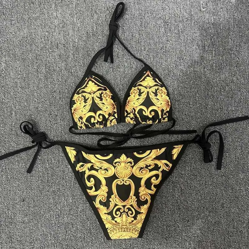 Womens Swimwear Biquinis Set New Sexy Swimsuit com Impressão Floral de Ouro Duas Peças Biquíni Mulheres Brasileiras Banheiro Swimsuit 2023 Womens Swimsuit Beach Biki J240221