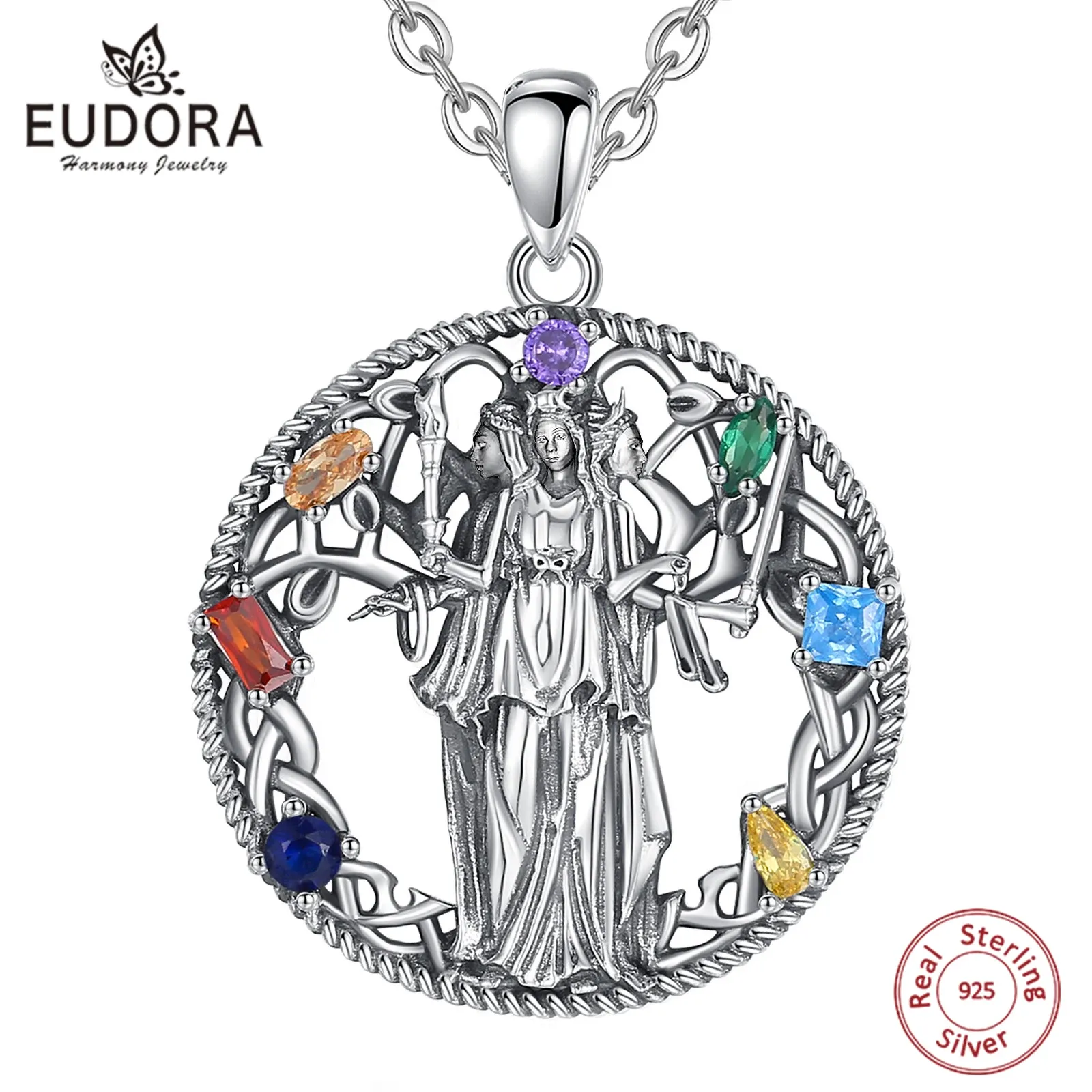 Подвески Eudora, стерлинговое серебро 925 пробы, тройное ожерелье богини луны, цветной циркон, подвеска-амулет Геката, индивидуальное ювелирное изделие, подарок для женщин