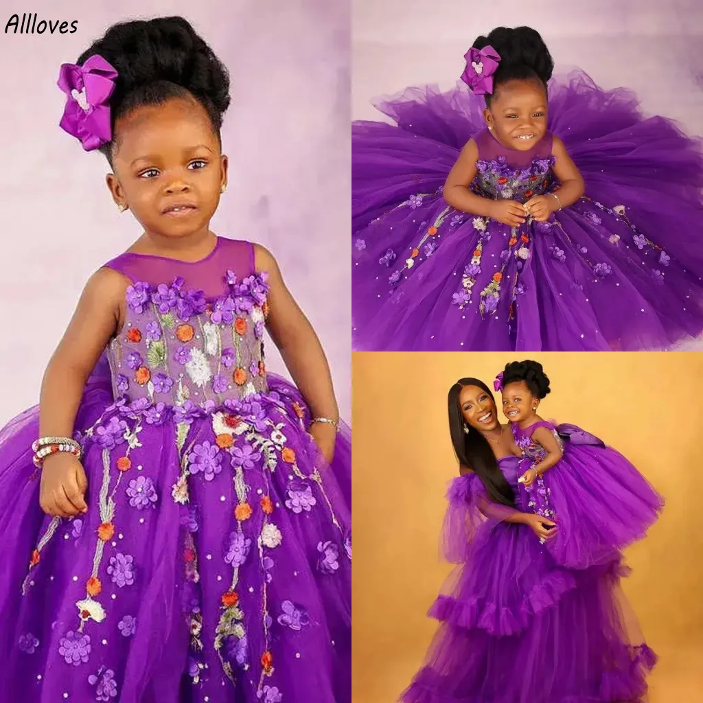 Robes de demoiselle d'honneur en tulle violet, jolies broderies de fleurs 3D, col rond, gonflées, en tulle, robe de spectacle formelle d'anniversaire, de bal, robe de communion pour tout-petits CL3312