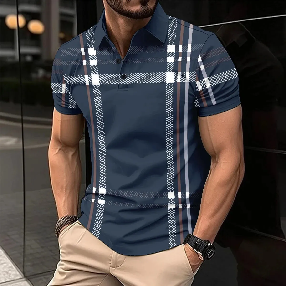 Modische gestreifte Herren-Poloshirt-Serie, Sommer-Kurzarm-Top, Business-Freizeitkleidung, Revers, Knopfleiste, Reißverschluss, Herren-Poloshirt 240221