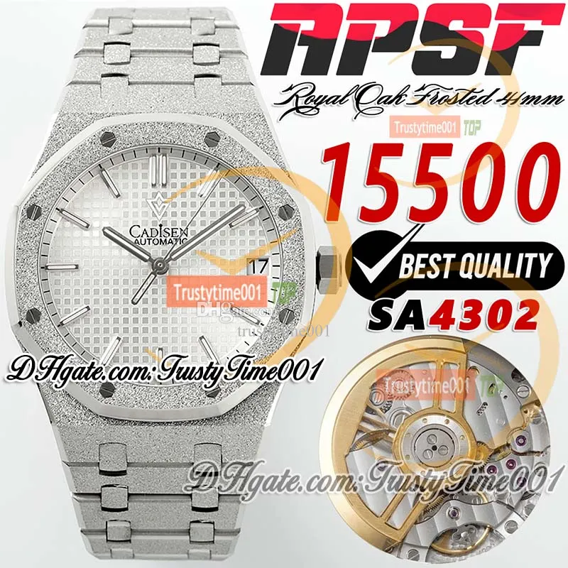 APSF 15500 Buzlu SS SA4302 Otomatik Erkekler İzle 41mm Beyaz Dokulu Kadran Sopa İşaretleri Paslanmaz Çelik SS Bileklik Süper Edition Trustytime001 Kol saatleri