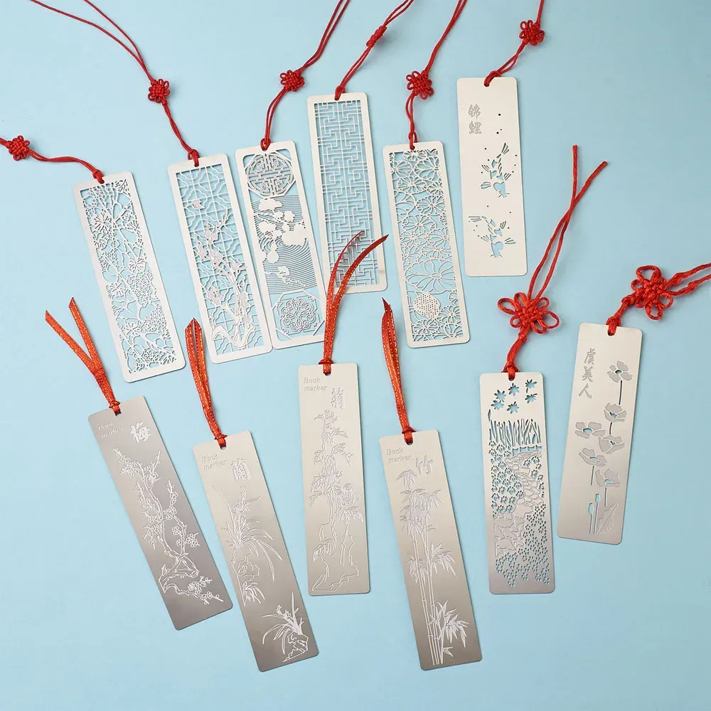 kits 12sets/bag Stainless Steel Bookmarks with Polyester Tassel Rectangle with Mixed Pattern Stainless Steel Color