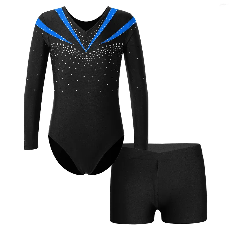 Palco desgaste crianças meninas manga longa brilhante strass ballet dança collant com v-front cintura shorts para esportes treino de ginástica