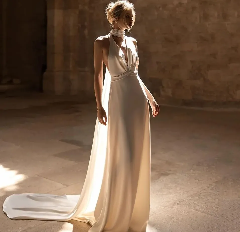slim fit dress slacks Halter Neck Satin Wedding Dress with High Slit