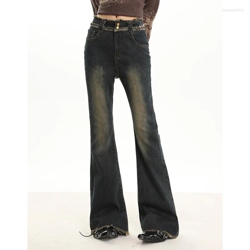 Frauen Jeans Weibliche Elastische Dünne Retro Hohe Taille Micro Fringe Glocke Hosen Herbst Und Winter Koreanische Mode Mit Grat Rand fit